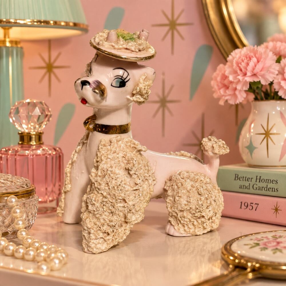 Vintage 1950s Japan Pink Spaghetti Poodle Figurine Gold Collar Hat MCM